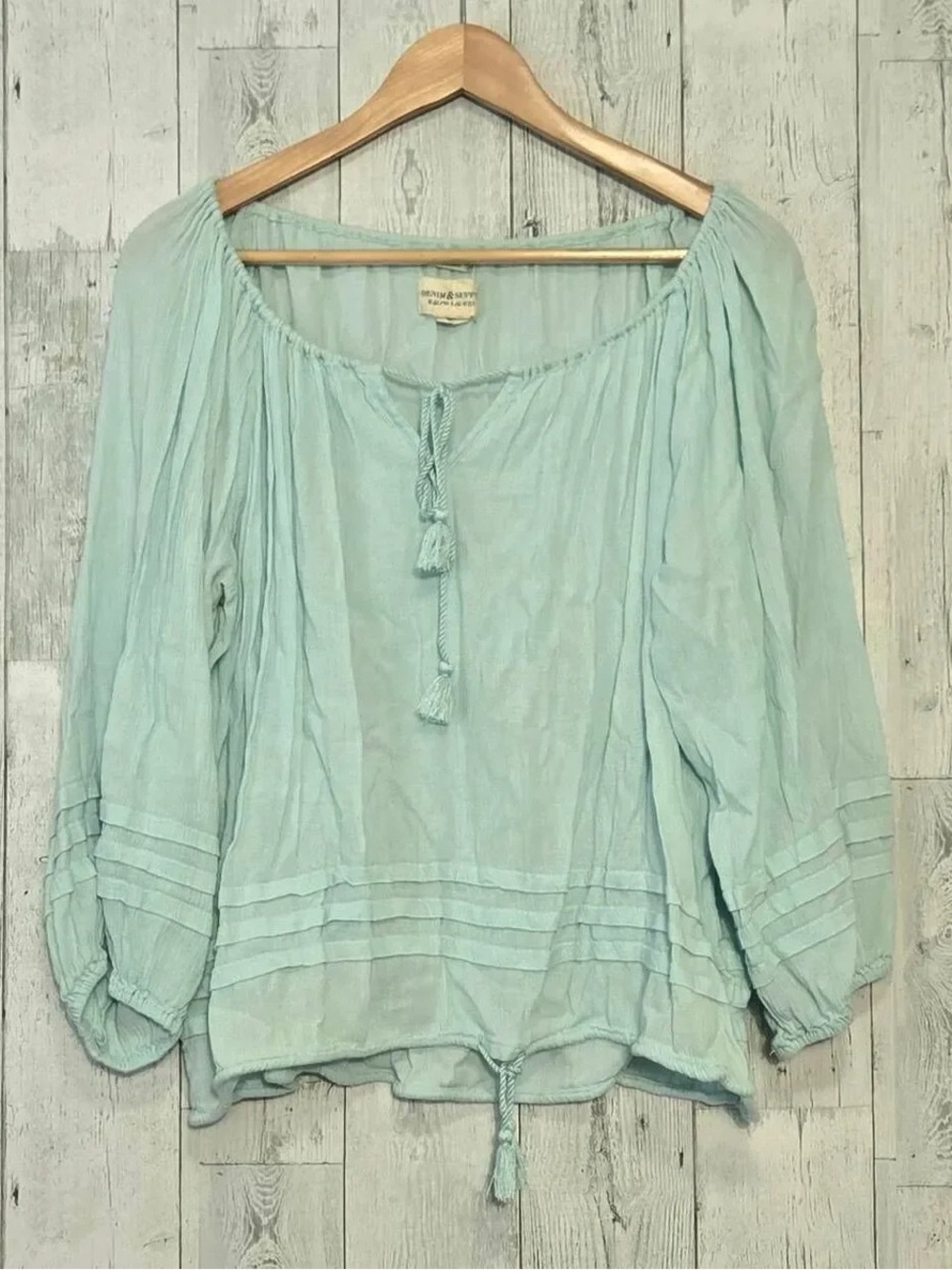 Light Blue Peasant Blouse with Tassel Tie